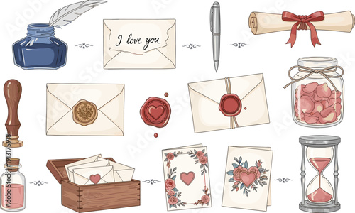 Vintage Romantic Love Letter Vector Set with Wax Seals, Inkwell, Quill, and Stationery for Wedding Invitations, Valentine's Day Cards, and Nostalgic Ephemera Designs