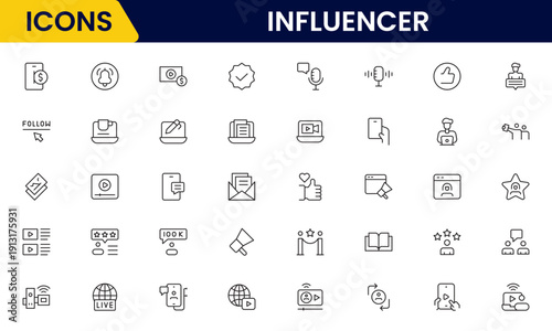 Influencer and blogging line icons collection. Big UI icon set in a flat design. Thin outline icons pack. Vector illustration