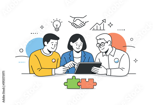 Collaborative Brand Strategy. Strategic brand partnership. People from different companies discussing a collaboration, reviewing plans on a tablet. Calm