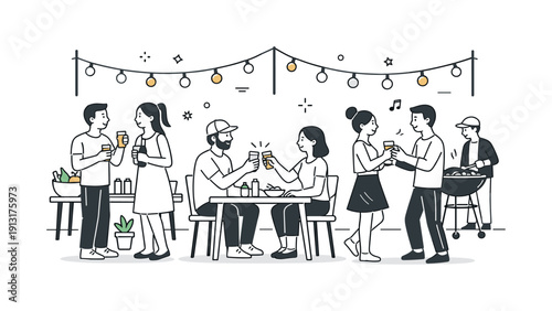 Outdoor party celebration. Friends enjoying a casual open-air party, calm joy and social connection. Tables, drinks, and simple decorative