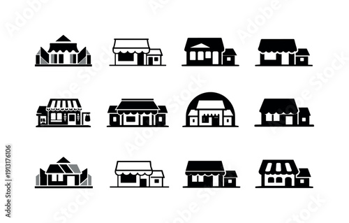 Vintage Street Icon Set. Old street scene. Icon set. Set Logo of Old street scene: historic shopfront. harmonious logo variations of the same emblematic