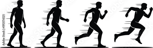 A dynamic progression of human silhouettes showcasing walking, jogging, and sprinting movements with speed lines