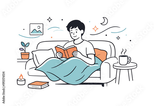 Personal moments at home. Person reading a book on a sofa with a blanket, feeling peaceful and focused. Cozy scene with floating lines