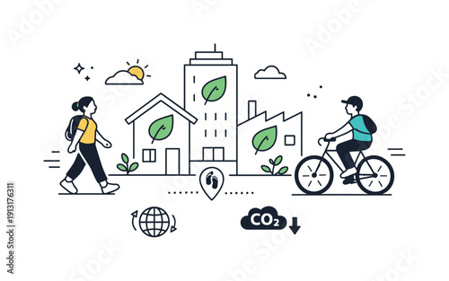 Image Generation. Green commuting. A person walking and cycling past simple buildings with leaf icons, showing conscious daily transportation and reduced
