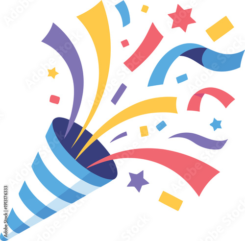 A festive party popper bursts with colorful confetti streamers and star shapes on a white background