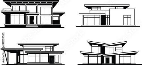 Modern House Architecture Vector Set, Contemporary Luxury Home Facades Collection Isolated on Light Background for Real Estate Design Illustration