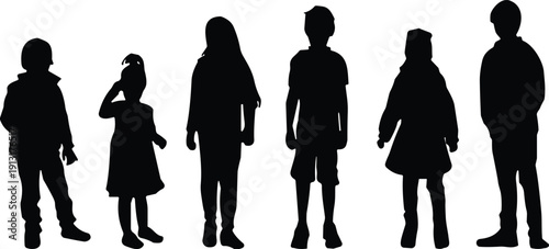 Set of Black Silhouette Vector Illustrations Featuring Six Children Standing in Various Poses for School Education Family and Childhood Lifestyle Graphic Designs,