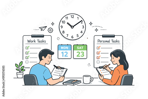 Organizing work and personal tasks. A clean workspace with checklists, calendar cards, and a clock, showing a balanced approach to