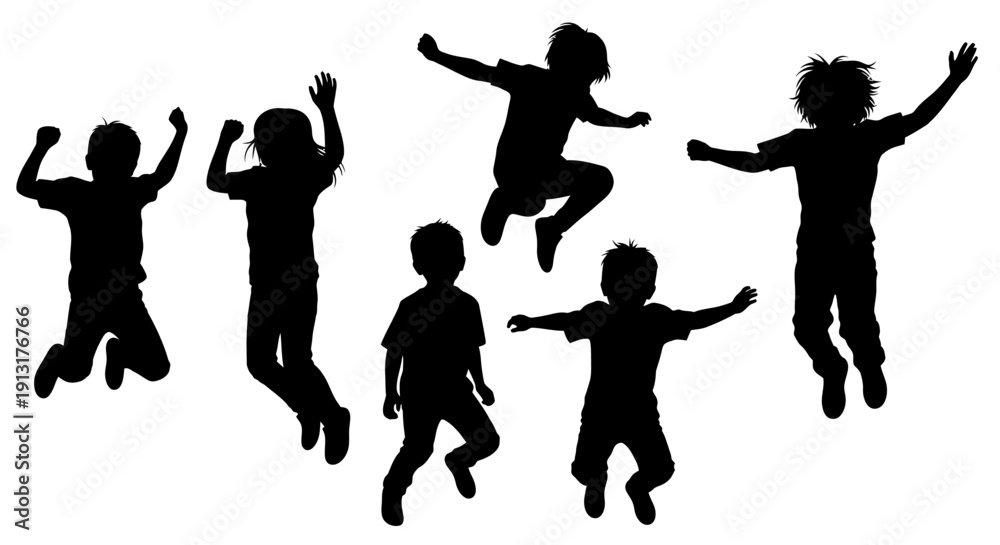 Obraz premium Happy Jumping Children Silhouettes Set - Kids Playing and Celebrating, Active Boys and Girls in Motion, Childhood Joy and Freedom Concept, Black Isolated Vector Collection