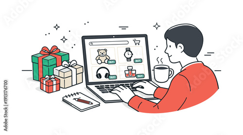 Holiday season shopping. A focused scene showing a person shopping online from home, selecting gifts on a laptop with wrapped boxes nearby.