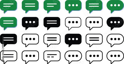 A grid of twenty speech bubble icons in black, white, and green with various line and dot patterns