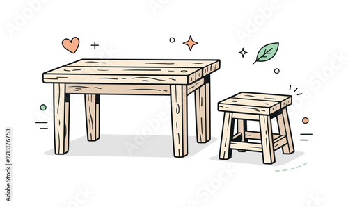 Reclaimed wood furniture. A simple table and stool made from reclaimed wood, shown clearly and cleanly. Soft texture lines suggest natural