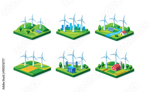 Renewable wind energy. Isometric flat vector icons set of renewable wind energy: green energy hills, wind turbine skyline, eco