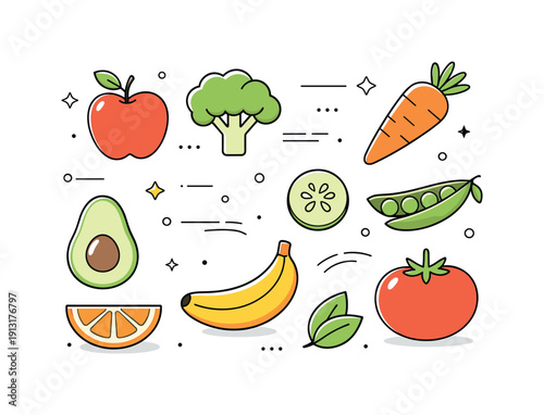 Minimal food set. Simple illustrations of fruits and vegetables arranged in a tidy flat lay, calm everyday nutrition mood. Gentle decorative