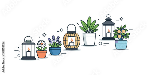 Summer outdoor decor. Decorative plants and lanterns arranged diagonally for gentle movement. Fresh seasonal mood, light and friendly garden
