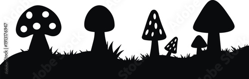 Set of Black Silhouette Vector Illustrations Featuring Various Mushrooms and Toadstools Growing on Grass for Nature Autumn and Forest Floor Garden Designs