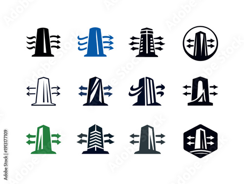 Air Tower Logos. Air purification towers. Icon set. Set Logo of air purification towers: tower with airflow arrows. harmonious logo variations of the same