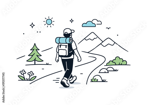 Image Generation. Hiking. A calm outdoor scene with a person walking along a simple mountain trail, carrying a backpack and moving steadily forward. The