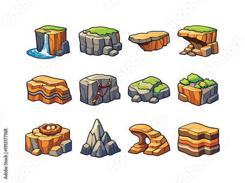 Colorful Cliffside Icons. Cliffside Terrain. Colorful isometric vector icons set of Cliffside Terrain: steep drop, rocky plateau, narrow ledge, cliff overhang,