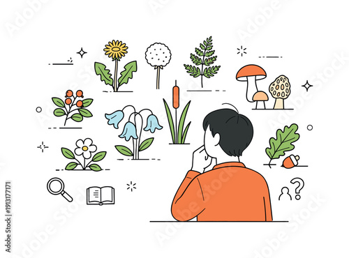Wild plants awareness. A person looking at illustrated plant shapes and mushrooms, suggesting learning and identification without