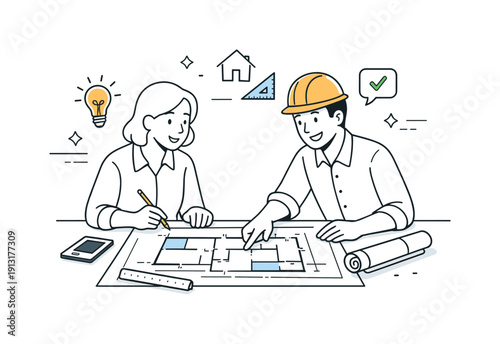 Architectural blueprints collaboration. Two professionals discussing blueprints, exchanging ideas and pointing at plans on the table. The