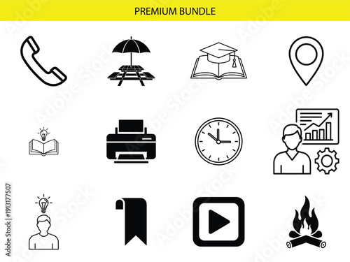 A compilation of twelve monochrome symbols features a receiver, a picnic table under an umbrella, a graduation cap on a book, and a presenter analyzing growth charts.