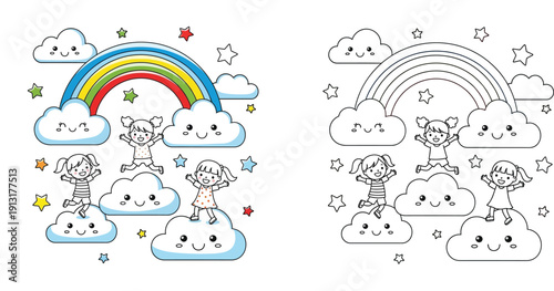Happy Girls Jumping on Clouds under a Rainbow - Coloring Page and Colored Version