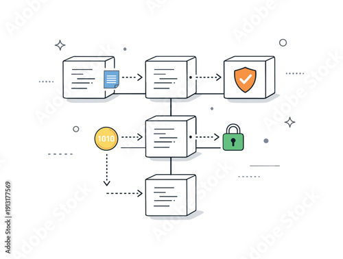 Blockchain network visualization. Clean chain of connected blocks forming a stable structure, with data symbols moving between nodes. Quiet
