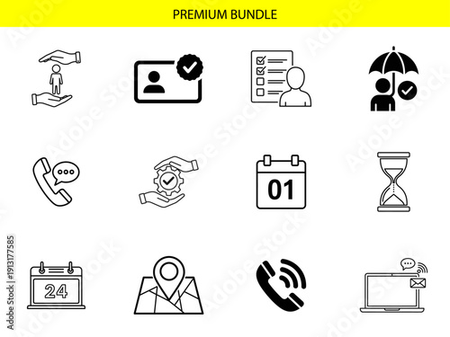 Twelve simple vector graphics illustrate various themes including a handset with a speech bubble, protected personnel under an umbrella, a calendar marked with the 24th, and a geolocation pin.