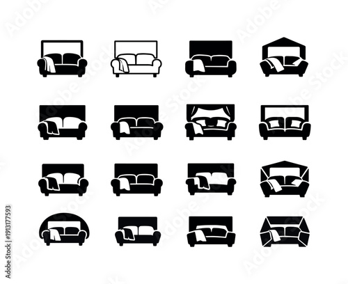 Family Movie Night Logos. Family movie night. Icon set. Set Logo of family movie night: sofa with blanket and movie screen. harmonious logo variations of the