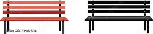 Simple wooden park bench front view in color and black silhouette isolated on light background outdoor seating vector illustration