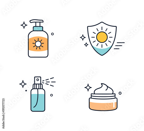 Summer skincare minimal icons. Simplified icons of lotion bottle, sun shield, face mist, and cream jar arranged evenly. The illustration