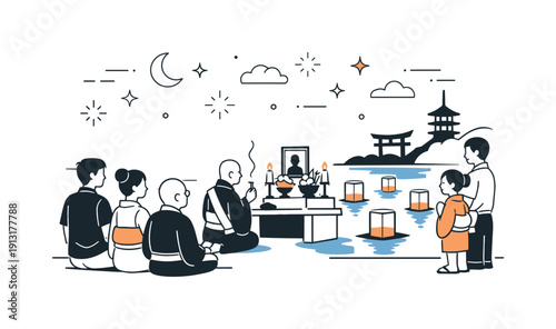 Quiet Evening Festival. Significant historical cultural festivals and celebrations. A quiet evening festival scene with lights, stars, and people calmly