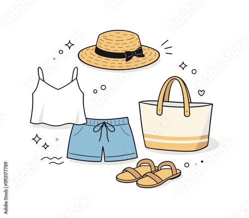 Straw hat summer style. A straw hat displayed with light summer clothes and a tote bag, arranged neatly. The illustration highlights seasonal