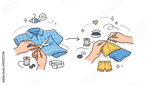Upcycling old clothes at home. Editorial scene showing hands cutting and sewing an old shirt into a new garment, gentle motion lines and