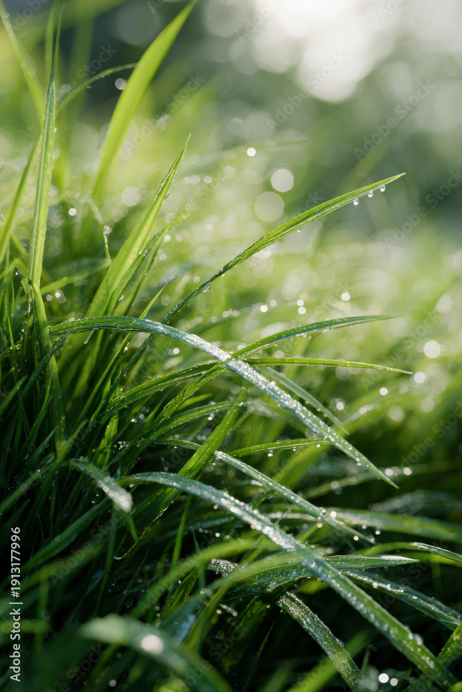 Obraz premium Lush Green Grass Sparkling with Dew Drops in the Morning Sunlight Scene
