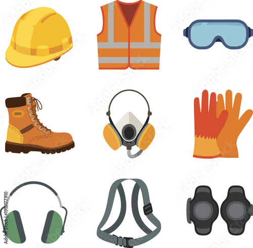Construction personal protective equipment set with helmet, vest, respirator and safety gear flat vector illustration isolated