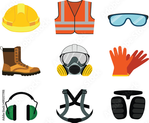 Construction safety equipment set including helmet, vest, gloves and protective gear flat vector illustration isolated on white