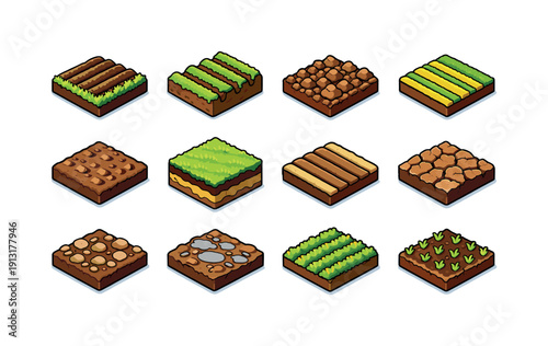 Colorful Field Textures. Field Texture. Colorful isometric vector icons set of Field Texture: soil furrow pattern, earth ridges, plowed ground texture,