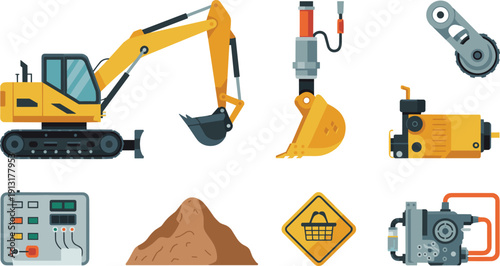 Excavator machinery parts and mining equipment set flat vector illustration isolated on white background for construction industry