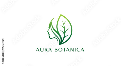 Aura Botanica Natural Beauty Logo - Green Leaf Line Art Emblem, Organic Skincare Brand Identity, Herbal Cosmetics Symbol, Eco Friendly Spa and Wellness Vector Design