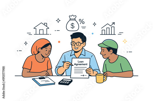 Community microfinance support. A financial advisor helping individuals review simple loan papers at a table, focused and