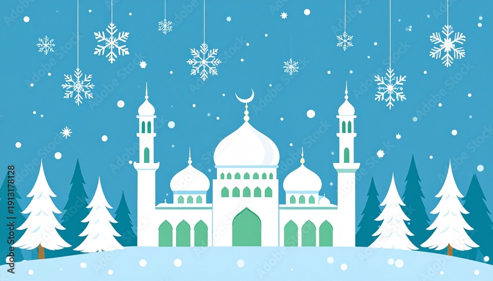Fototapeta premium White mosque with crescent moon in winter snow landscape festive lights background