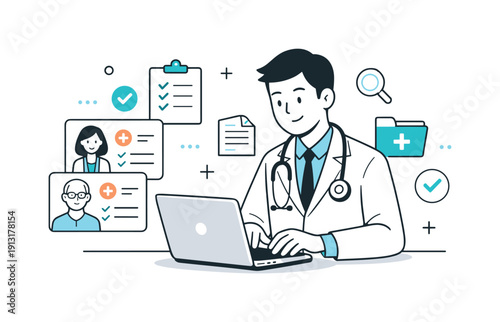 Telemedicine illustration pack. A friendly doctor reviewing digital medical records on a laptop, with patient profile cards nearby. The mood
