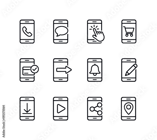 CTA buttons on mobile. Line icon set of CTA buttons on mobile: mobile call button, mobile message button, tap here icon, mobile add to cart,