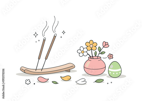 Incense sticks spring. A quiet editorial still life with incense sticks gently smoking beside scattered petals and pastel spring decor. The