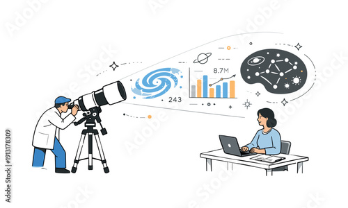 Mapping the universe. Telescope projecting simplified galaxy maps and data points into space. Clean editorial scene showing connection
