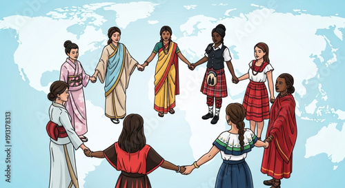 Diverse women in traditional clothing holding hands in a circle on a world map background symbolizing global unity and cultural diversity