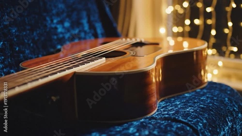 Acoustic guitar on velvet with warm bokeh lights