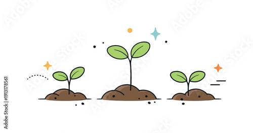 Minimalist Plant Sprouts. Young plant sprouts in soil. Minimal sprouts appear in a top or side view, with rounded leaves and simple soil forms creating visual